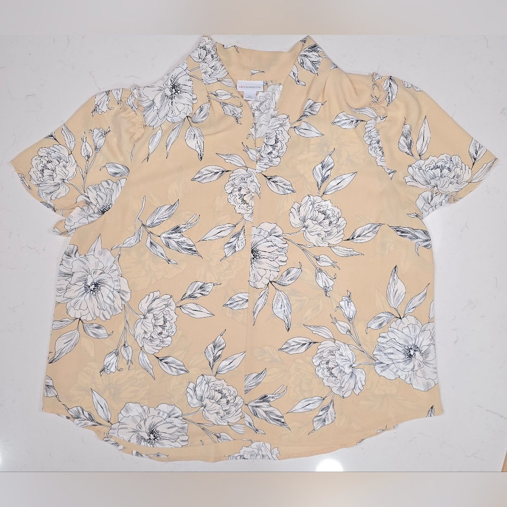 Liz Claiborne‎ Cream Floral Sheer White Black Short Sleeve Size 0X